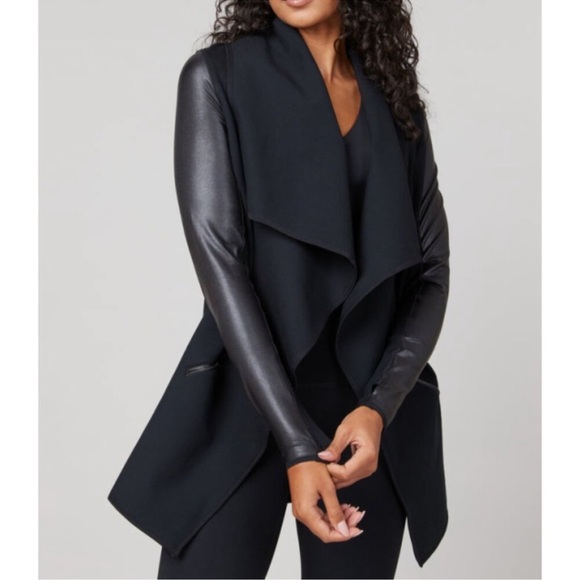 Spanx Faux Leather Sleeves Drape Front Jacket
